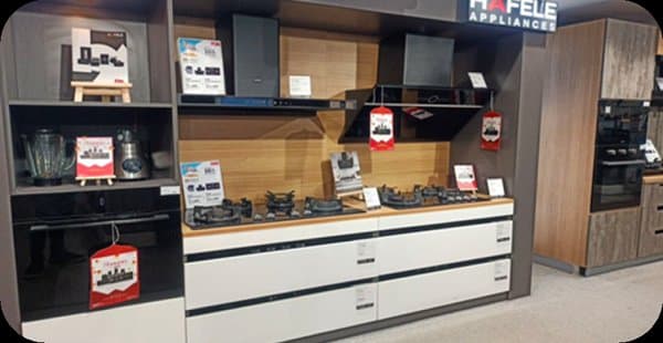 Lit fabric box signage at branded showroom